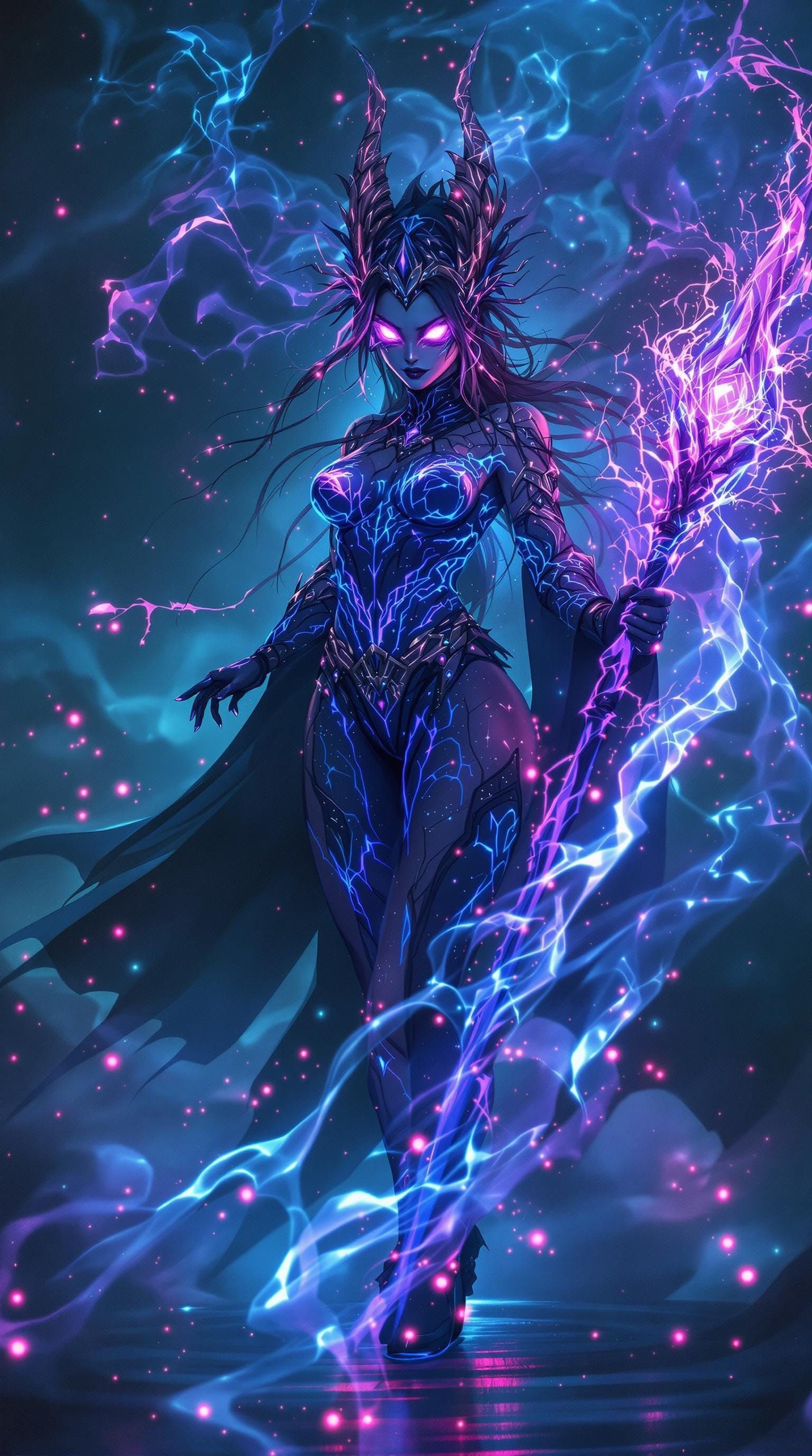 Cyberpunk Sorceress with Radiant Tattoos and Pyrothermic Sta...