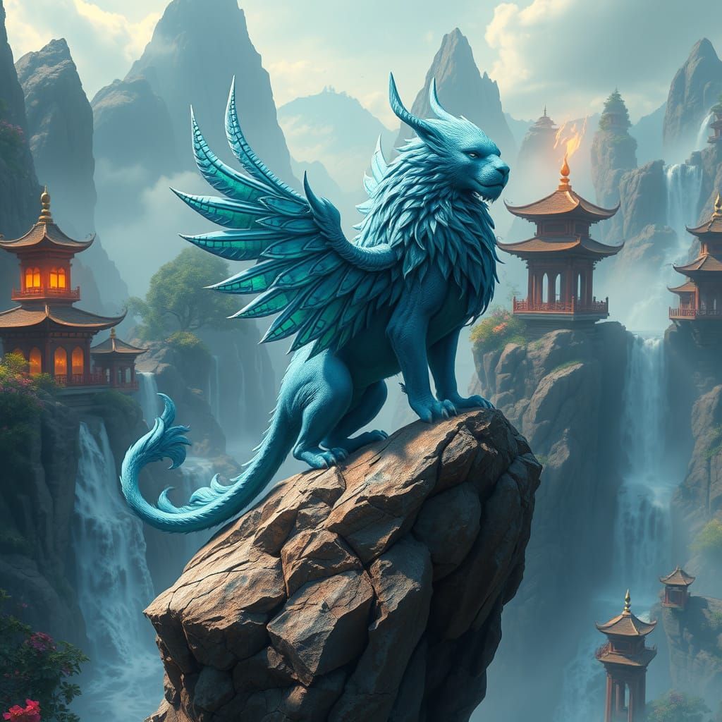 Regal Blue Creature Surmounts Fantastical Mountains and Pago...