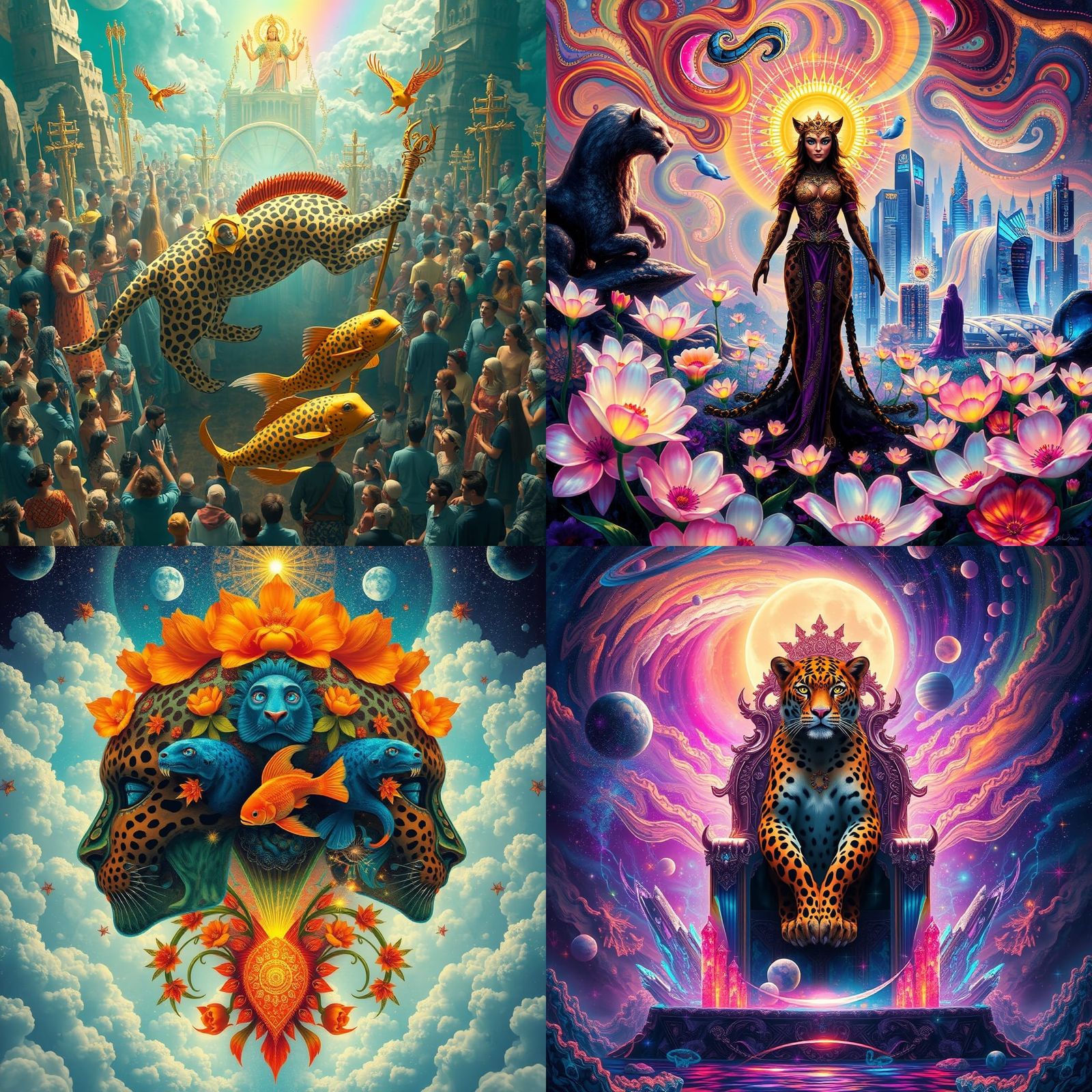 Surreal Cityscape with Blue Leopard Gods and Celestial Rainb...