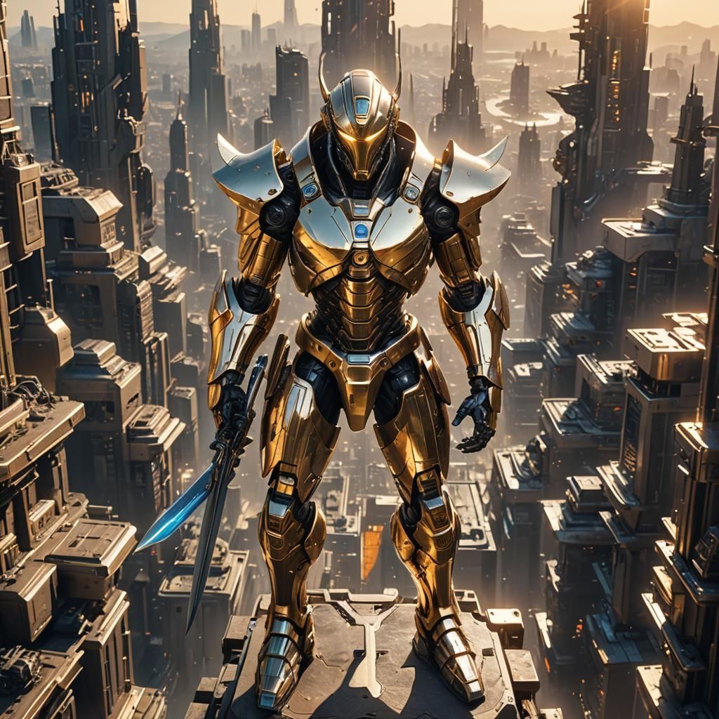 Radiant Metallic Humanoid with Swords in Cyberpunk Cityscape