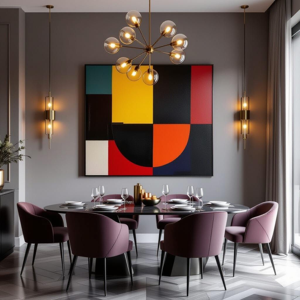 Abstract Geometric Painting in Luxurious Modern Dining Room