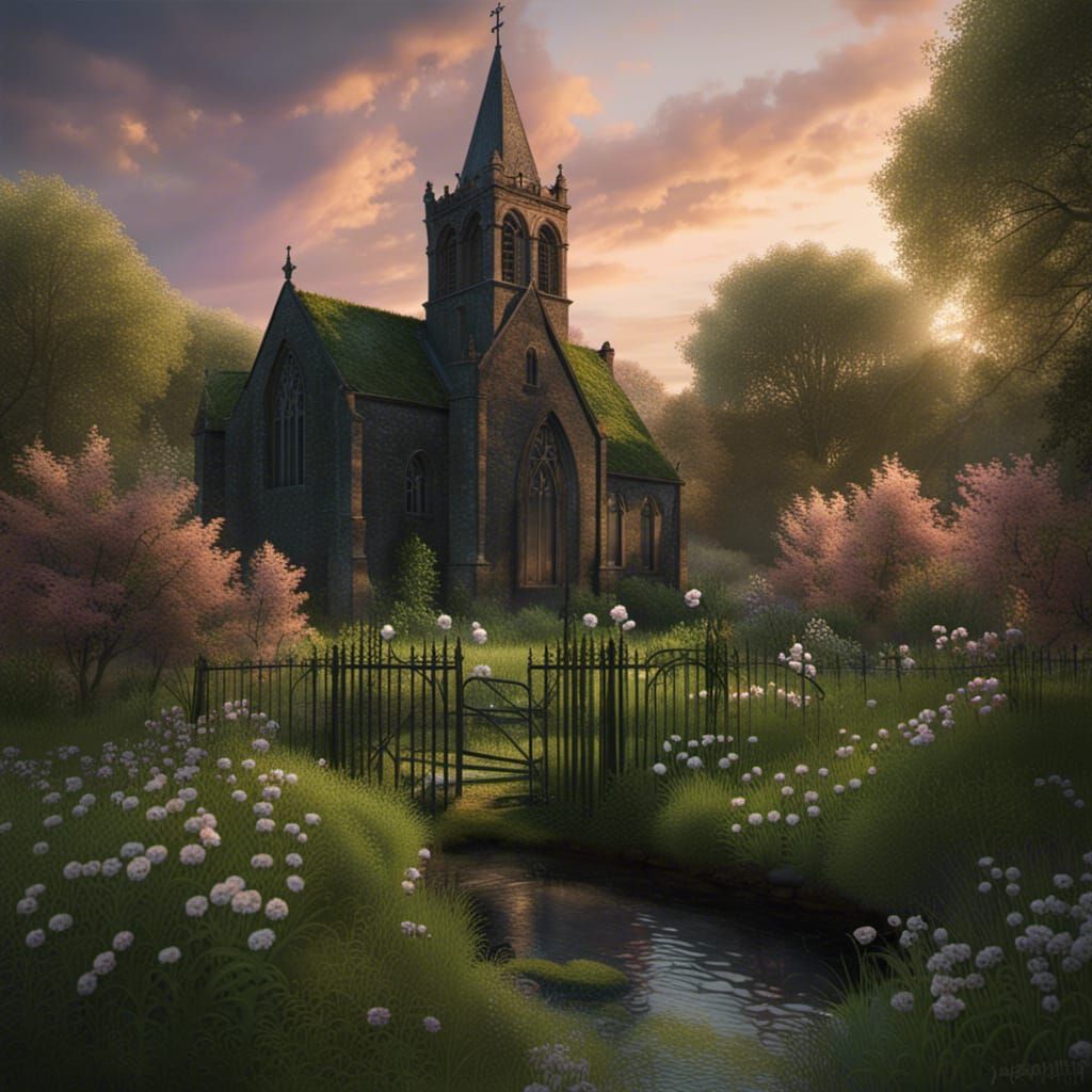 Hyperrealistic Overgrown Church at Twilight