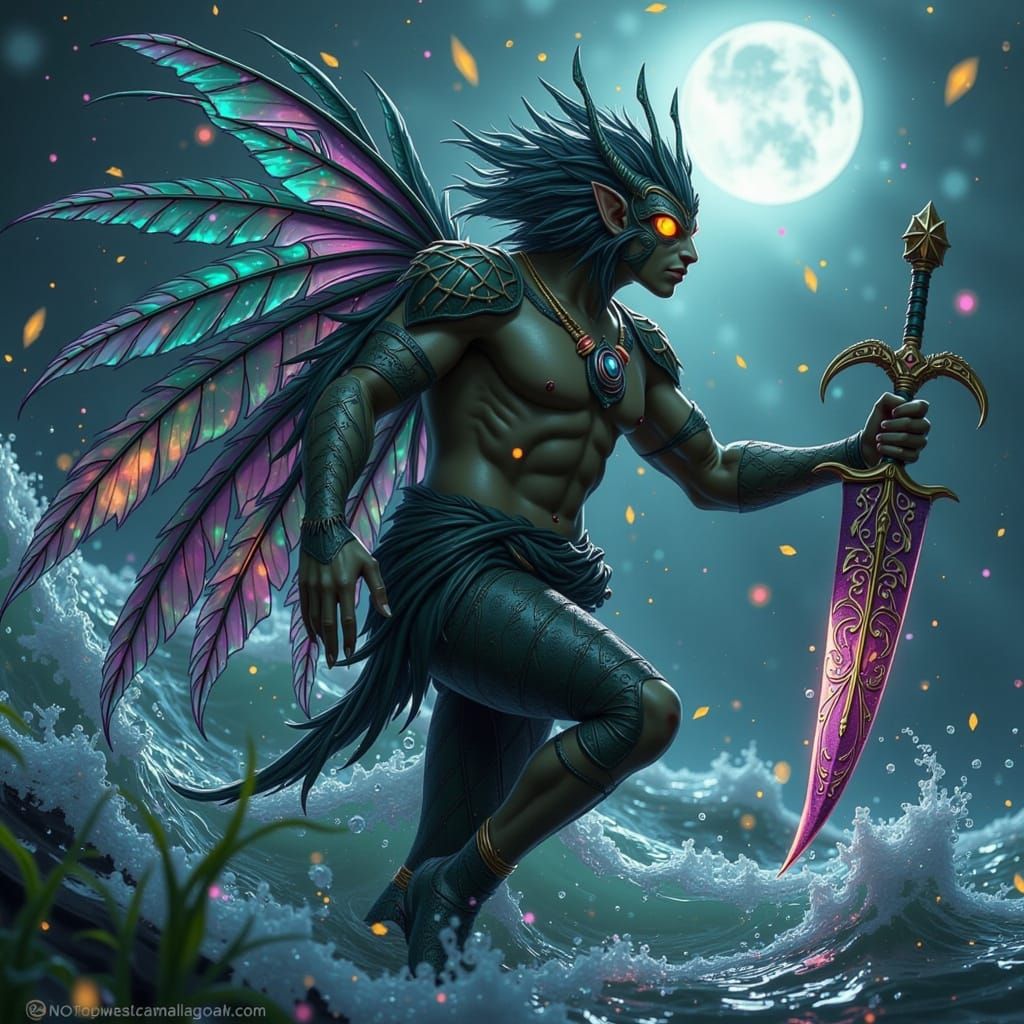 Surreal Quetzalcóatl Emerges from Moonlit Ocean in Dark Fant...