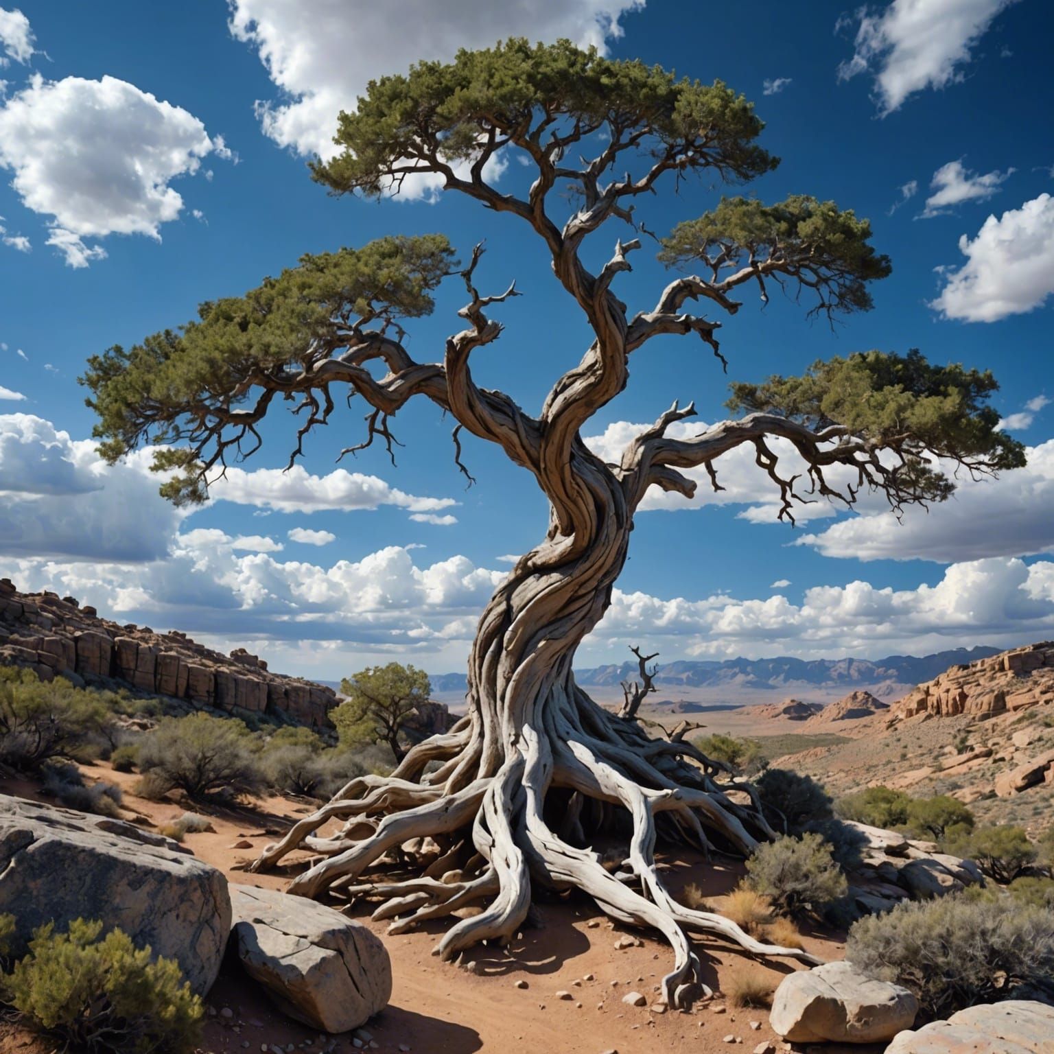 Ancient Gnarled Tree on Rugged Terrain