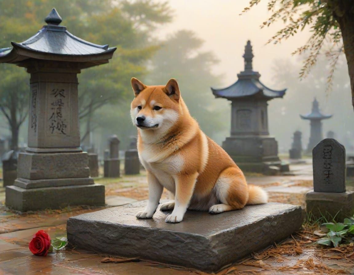 Sad Shiba Inu at Japanese Grave in Rain