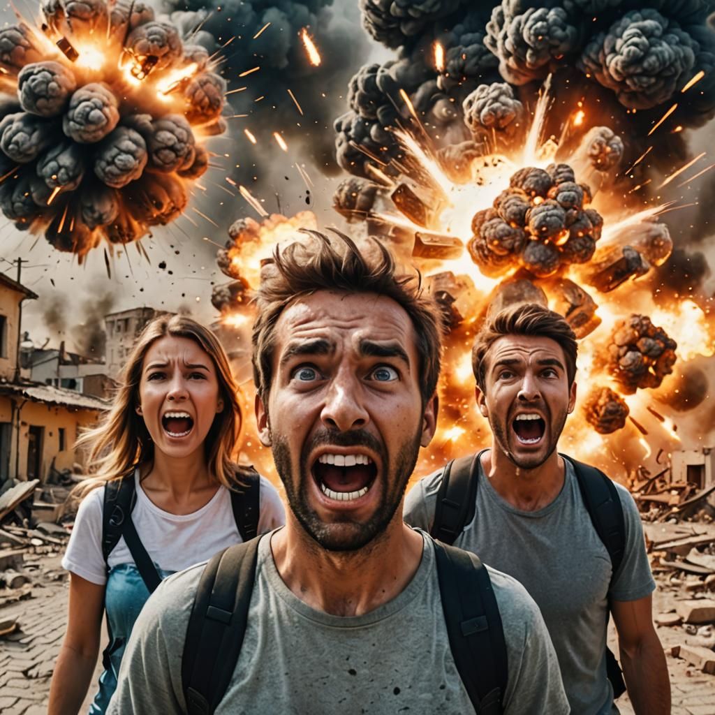 Terrified Photobomb with Explosion Background