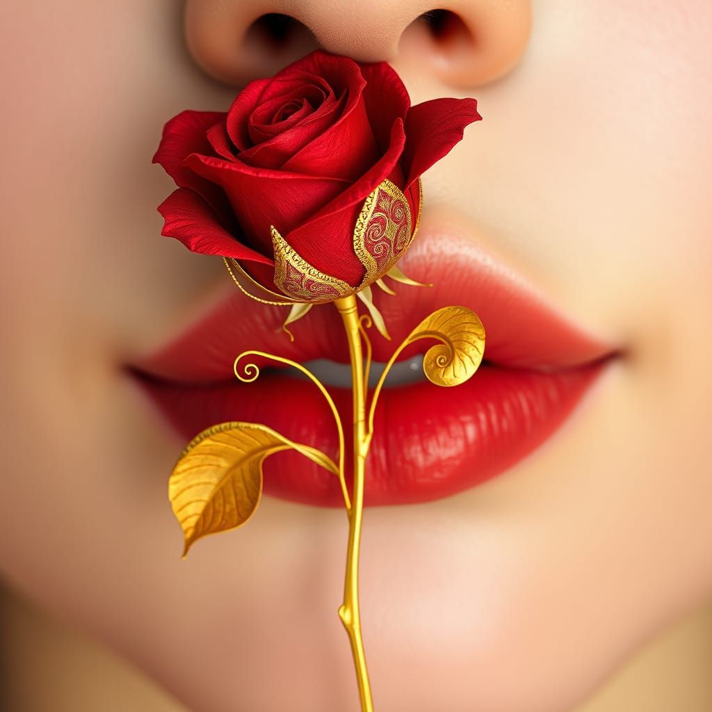 Red Rose on Lips in Dreamlike Fantasy Style