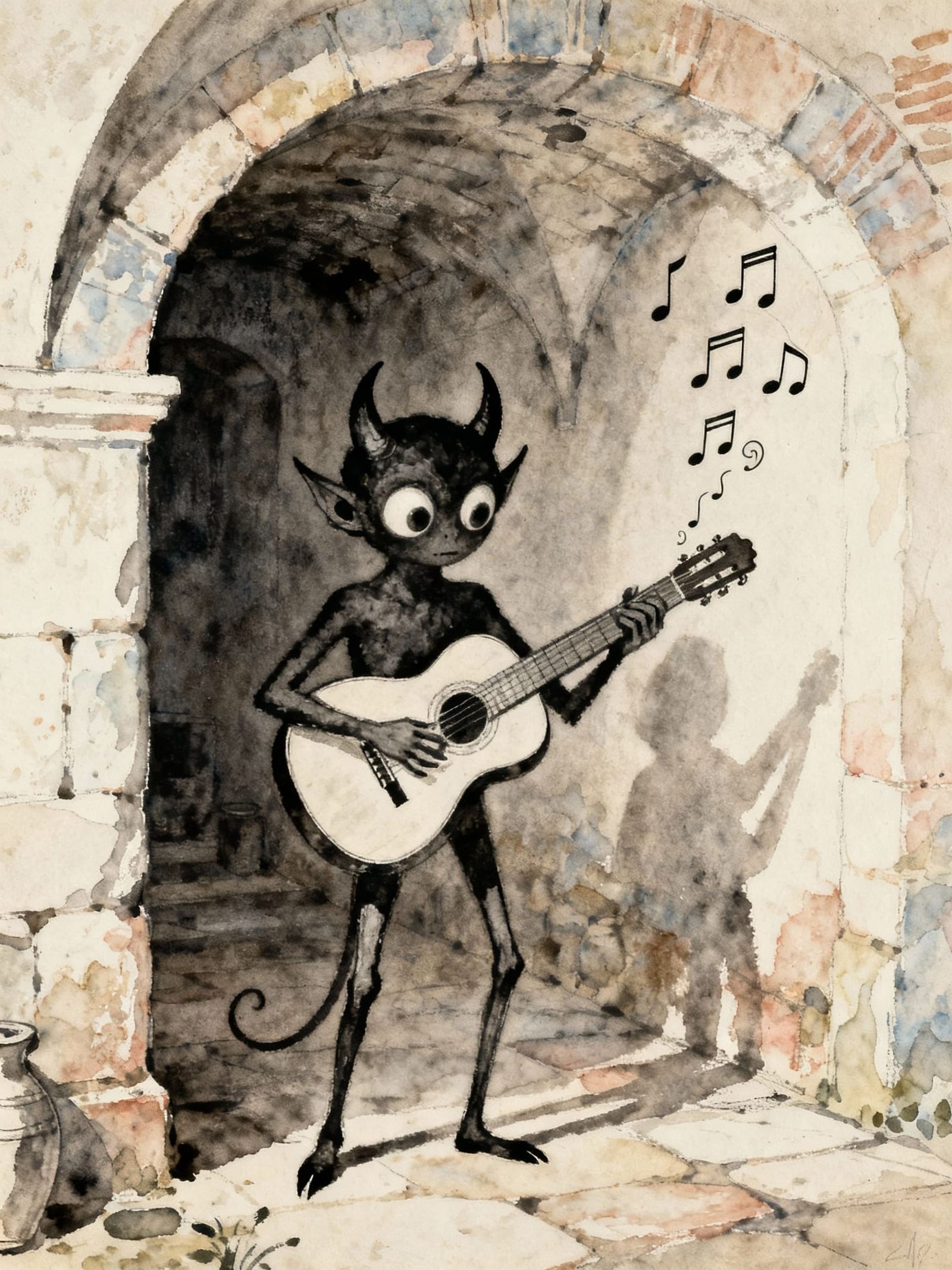 Whimsical Demon Plays Guitar in Greek Cellar
