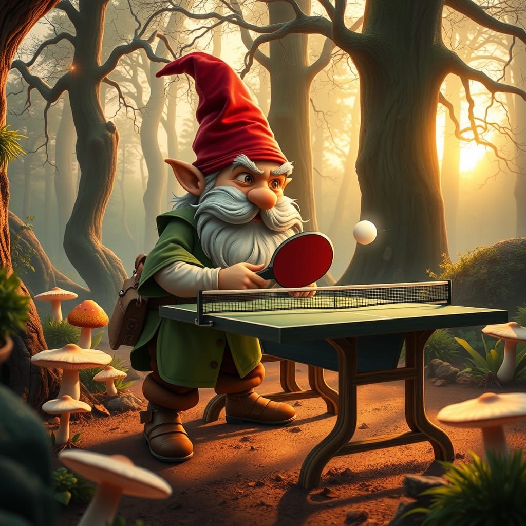 Gnome Playing Ping Pong in Enchanted Forest