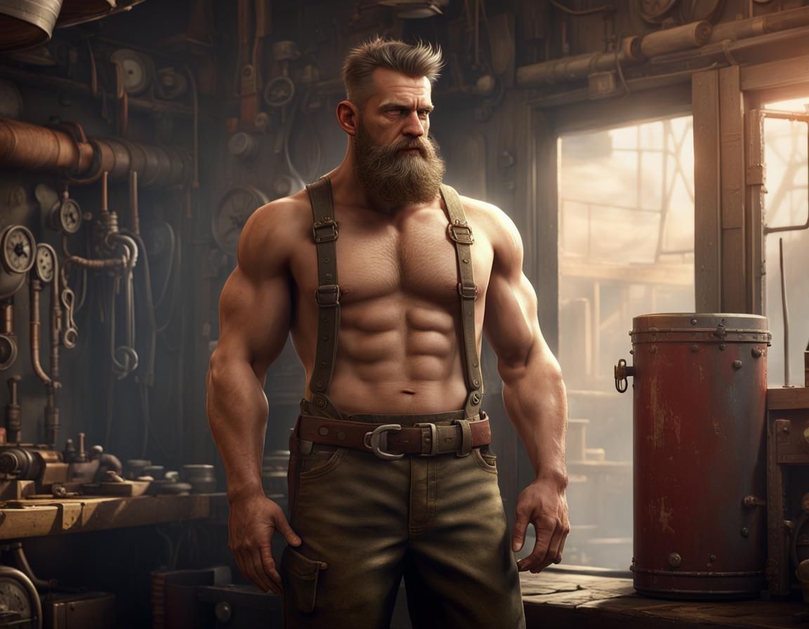 Burly Mechanic in Shop: Detailed Matte Painting