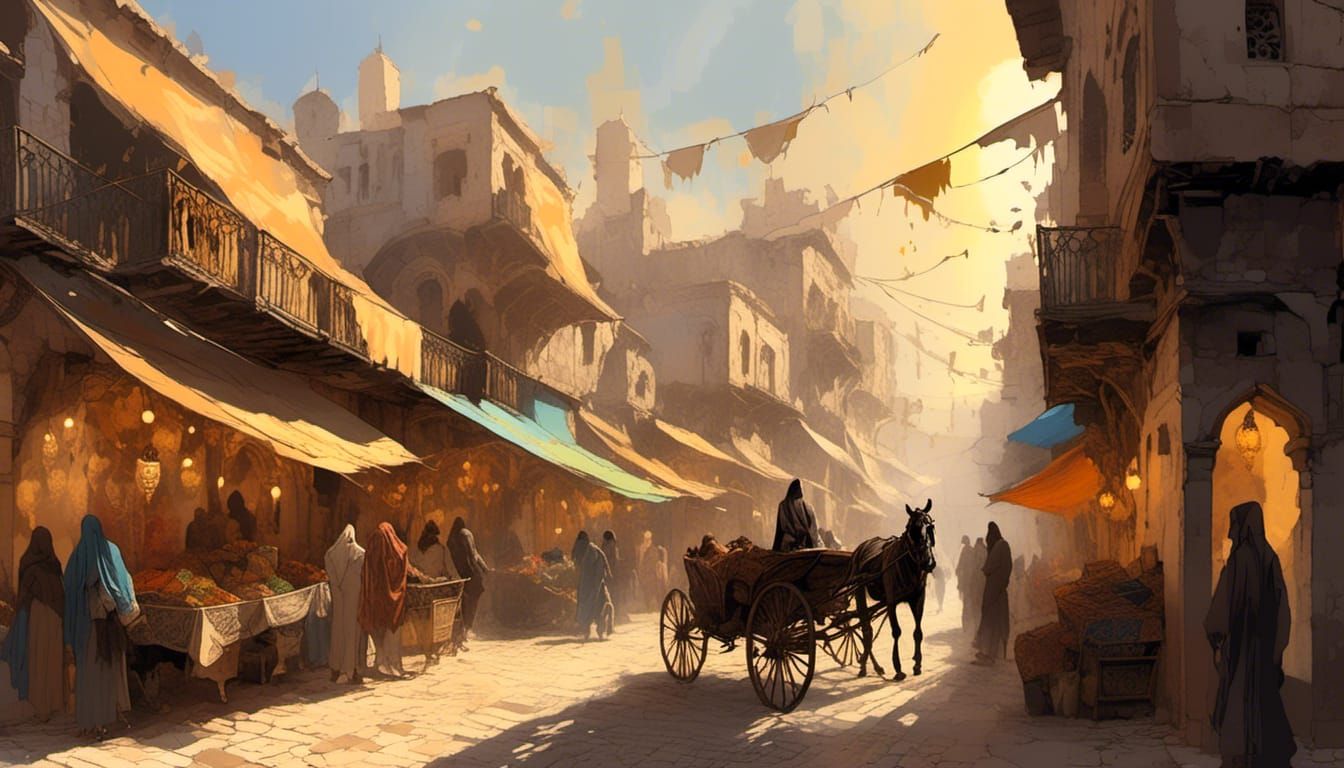 Bustling Middle Eastern Alley with Zeppelin, Concept Art