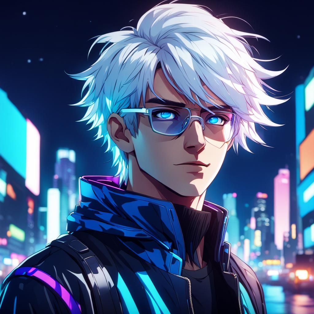 Anime Boy Portrait in City Nightlife, Cel-Shaded Style
