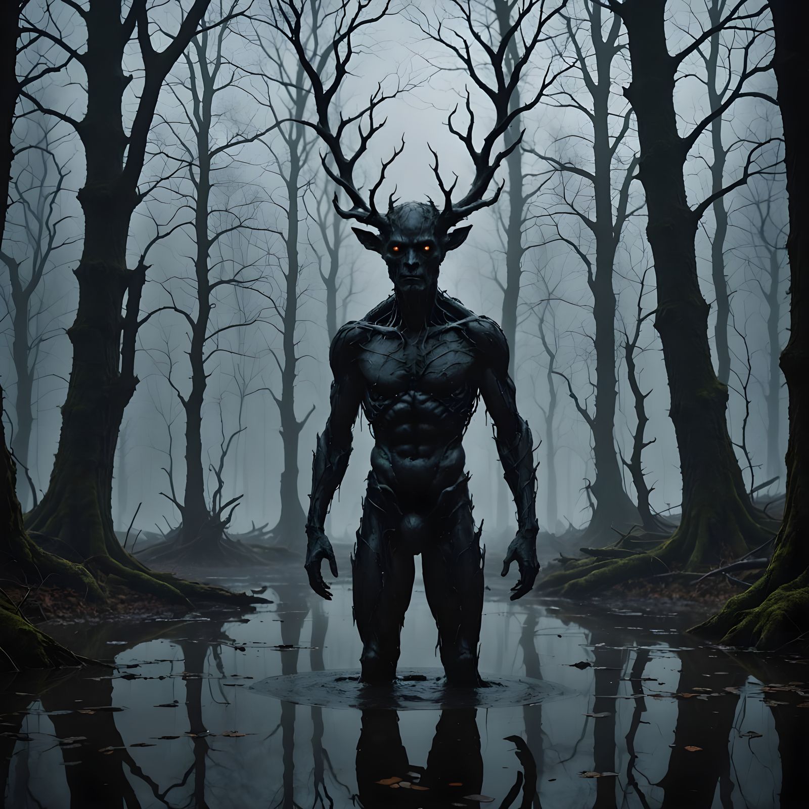 Ghostly Face Emerges From Oily Pool in Foggy Forest