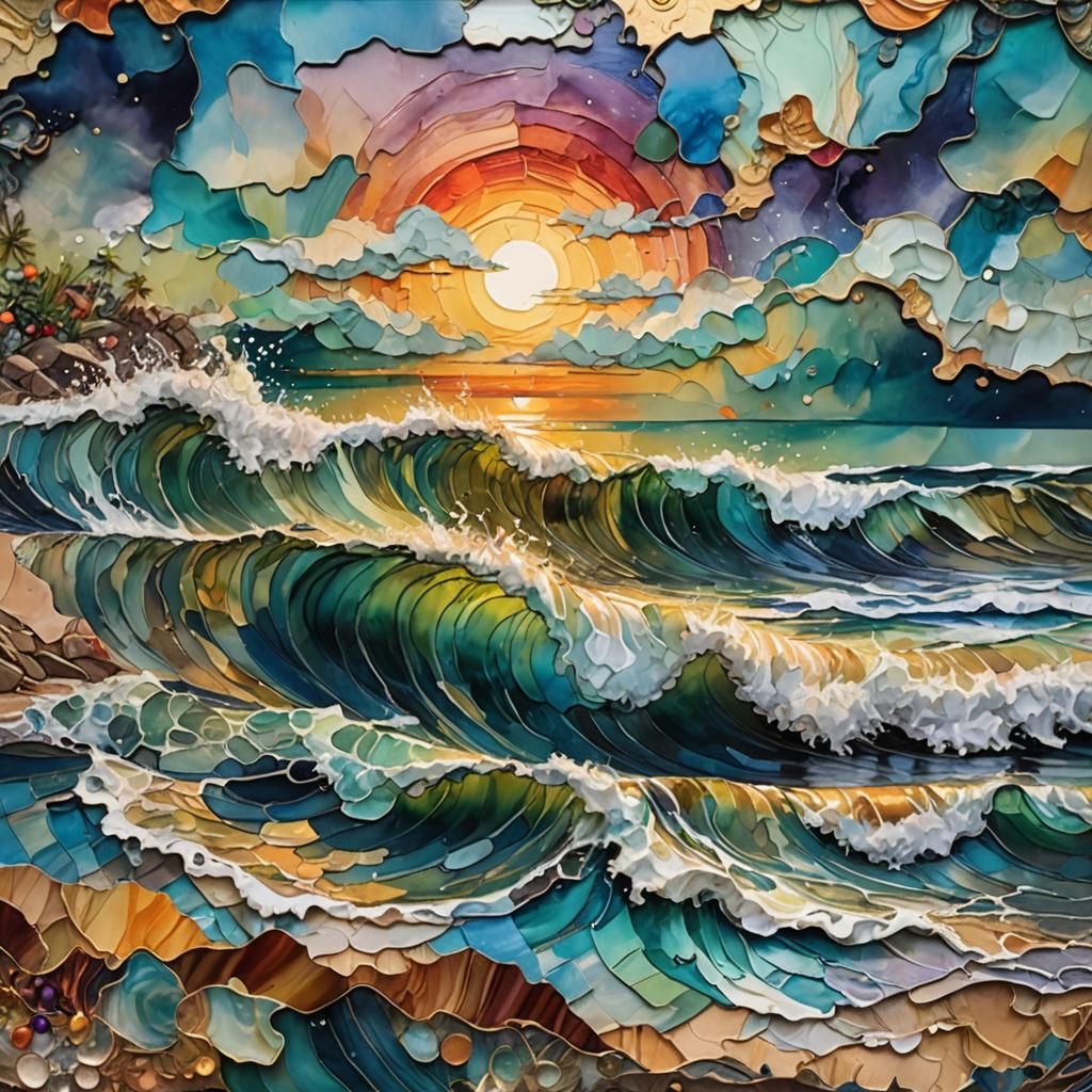Art Deco Ocean Waves at Sunrise