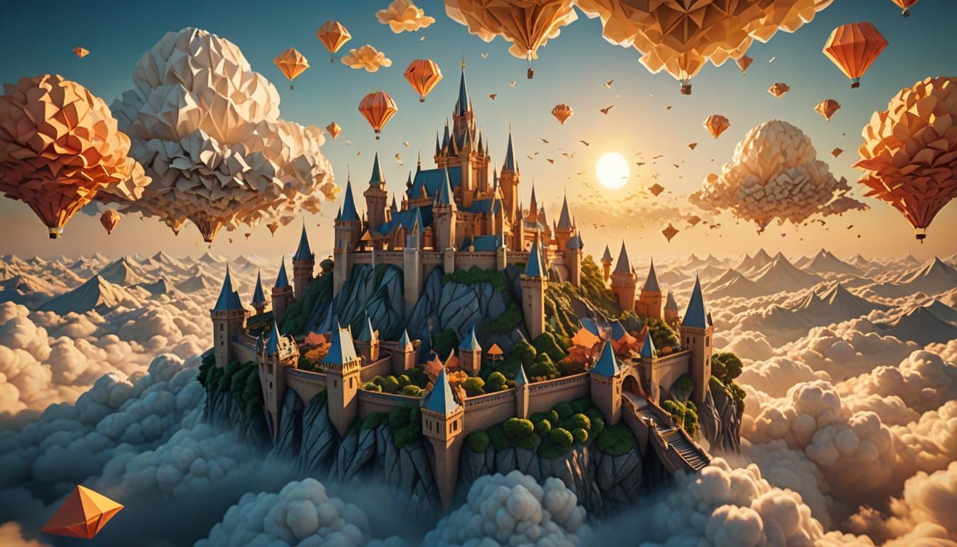 Origami Kingdom Floating in Ethereal Clouds