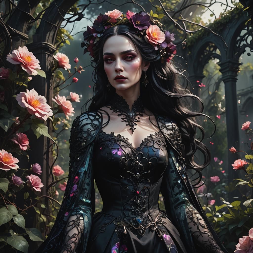 Gothic Femme Fatale in Floral Garden