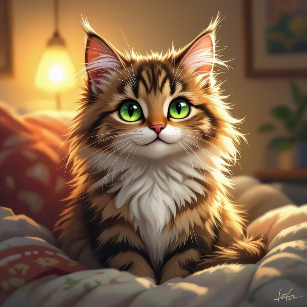 Fluffy Green-Eyed Cat in Cozy Room Illustration