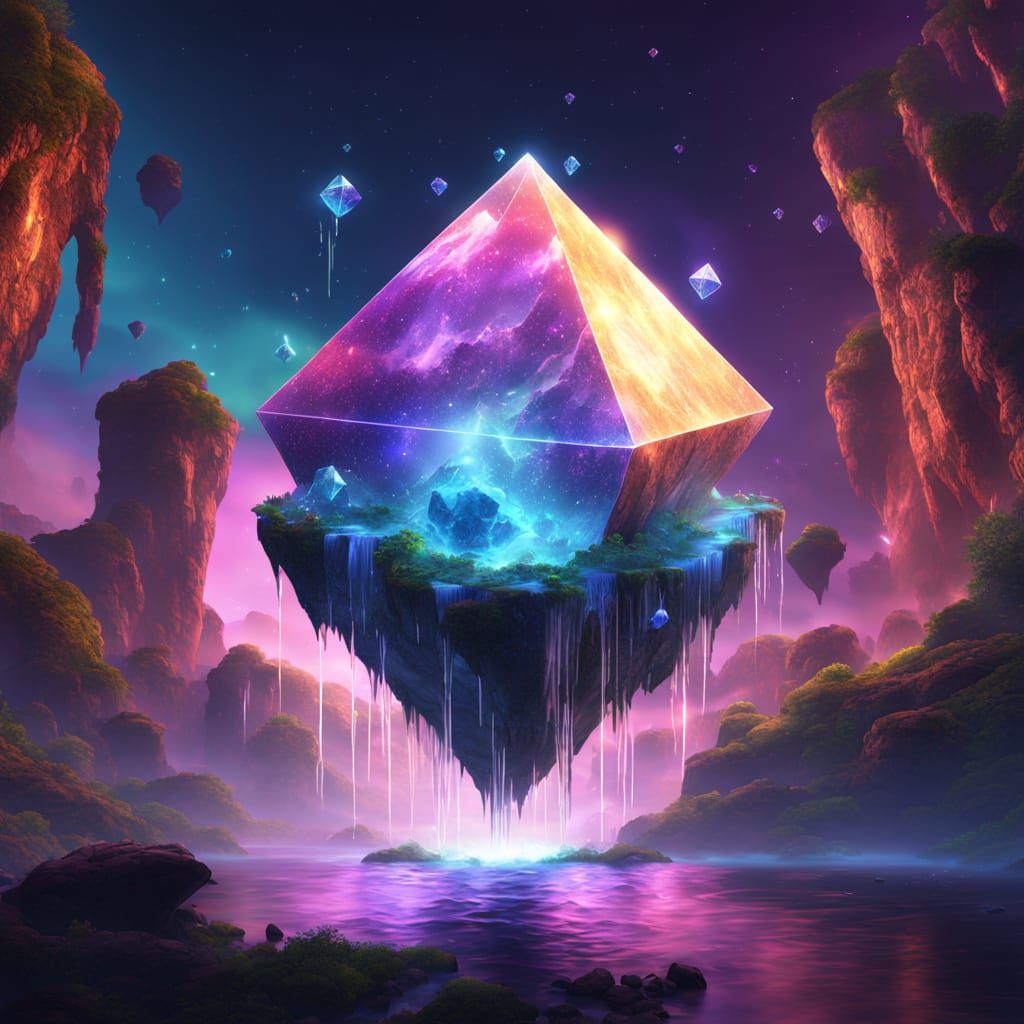 Octahedron Floating in Universe Waterfall Fantasy Art