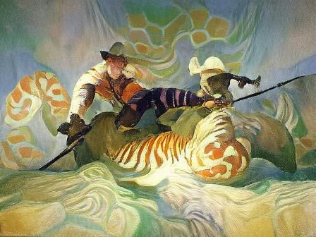 Cowboy Rides Tiger in Classic Illustration Style