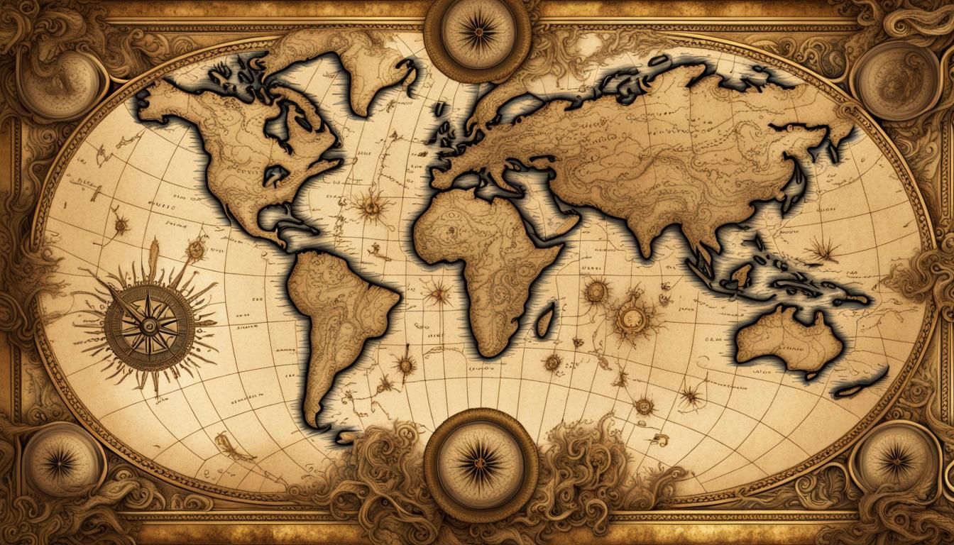 Ornate Old World Map with Sea Serpents