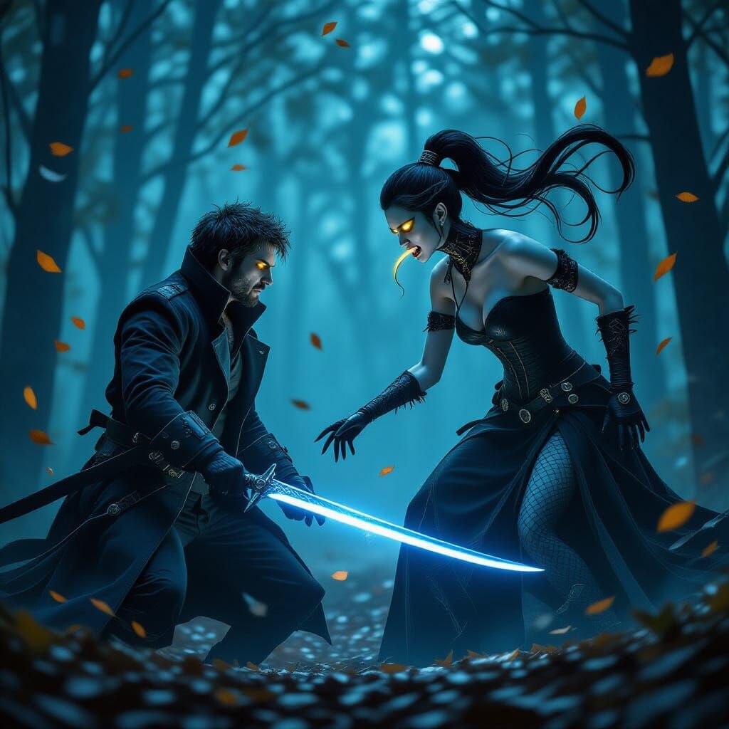 Dark Fantasy Fight Between Man and Rokurokubi Vampire