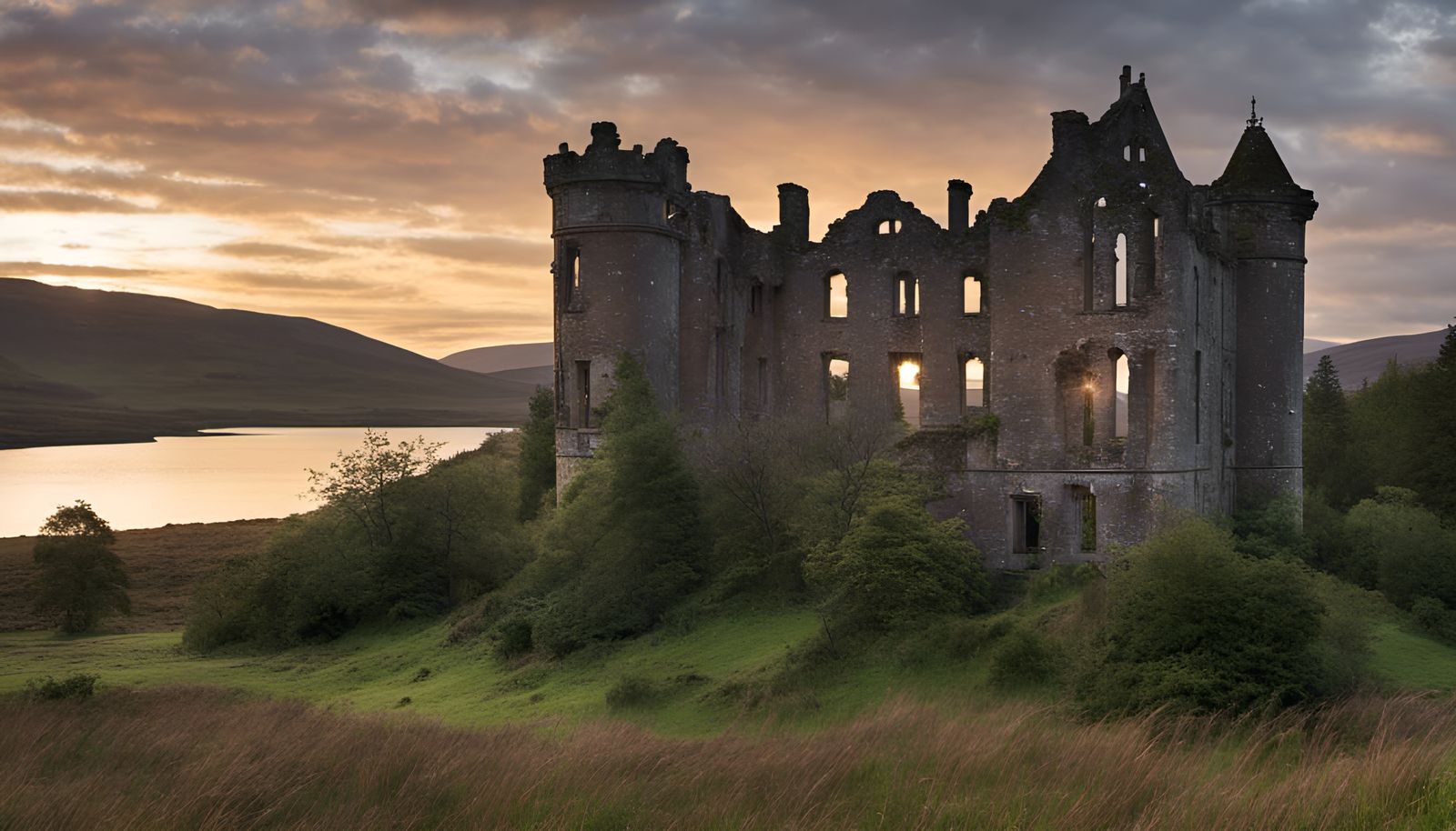 Sunrise Over Abandoned Castle in Scottish Highlands