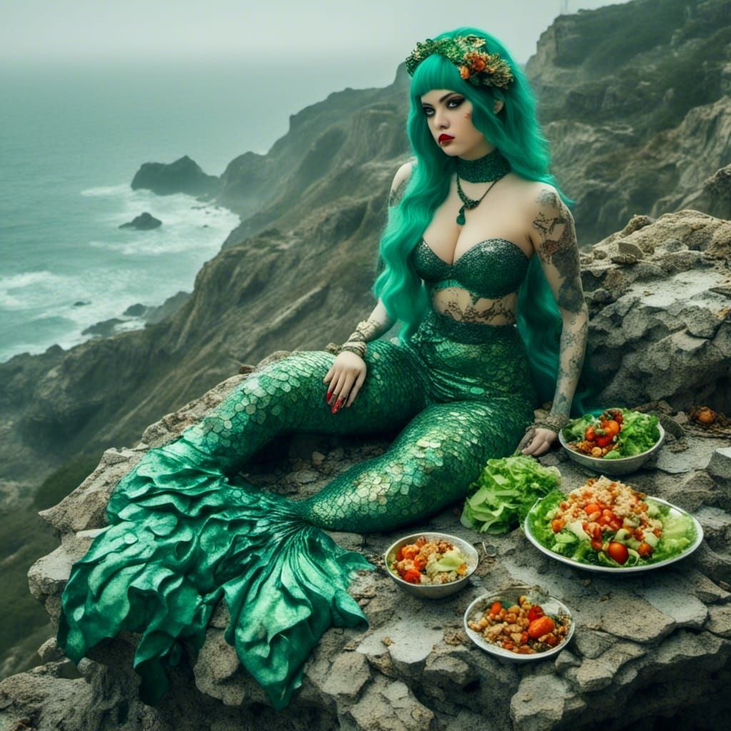 Plump Mermaid Eats Salad at Cliffside Cafe