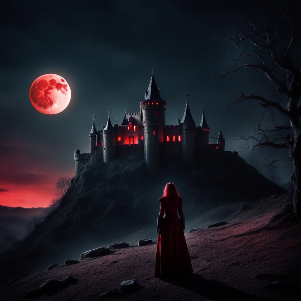 Vampire stalking a castle on a blood moon