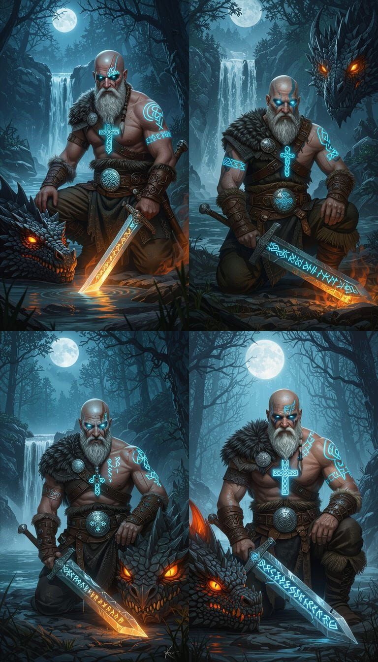 Viking Warrior Kneels by Moonlit Waterfall