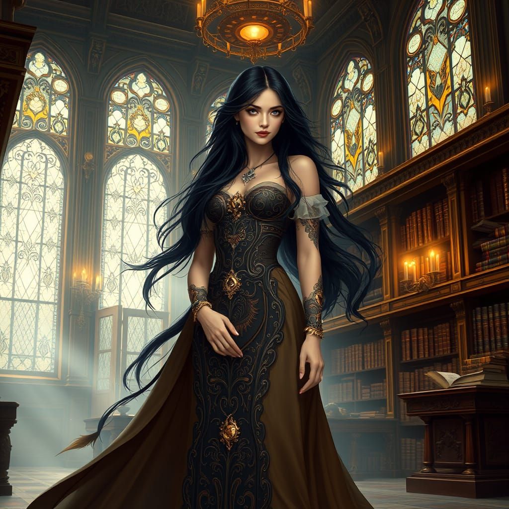 Ethereal Woman in Library, Pre-Raphaelite Style