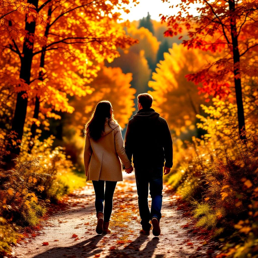 Young Couple Barefoot in Autumn Foliage