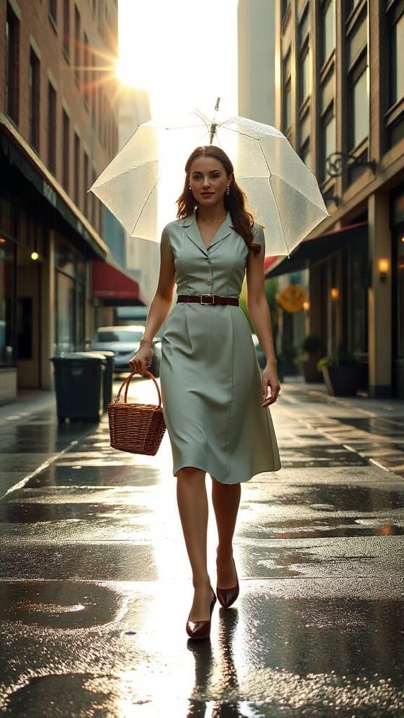 1950s Tradwife Walking in Rainy Street, Hyperrealistic