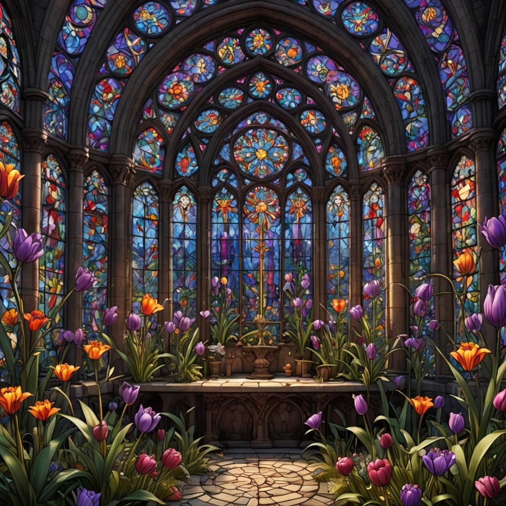 Stained Glass Cathedral with Purple Flower: Matte Painting