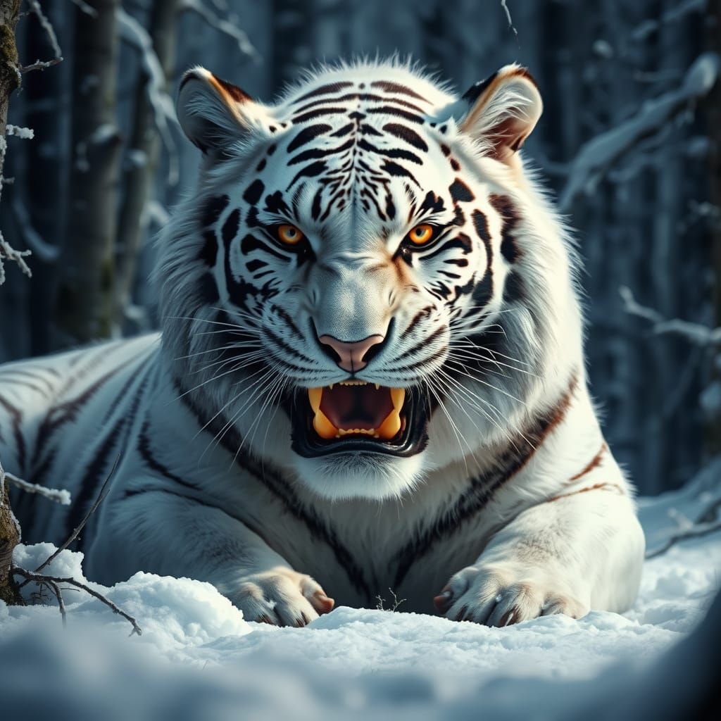 Majestic White Tiger Amidst Snowy Forest