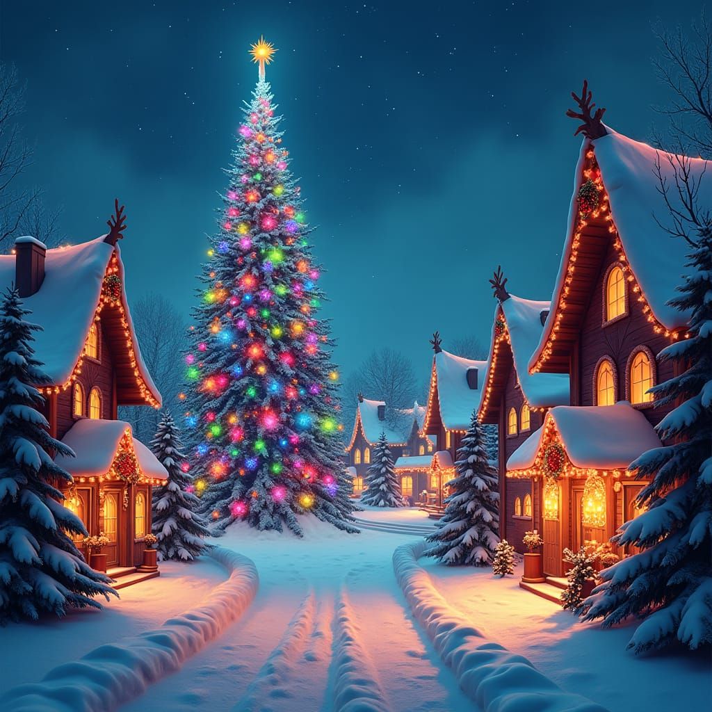 Festive Winter Village Aglow with Christmas Lights