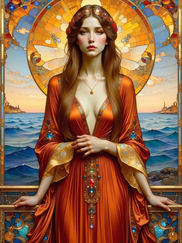 Elegant Art Nouveau Woman Admires the Sea