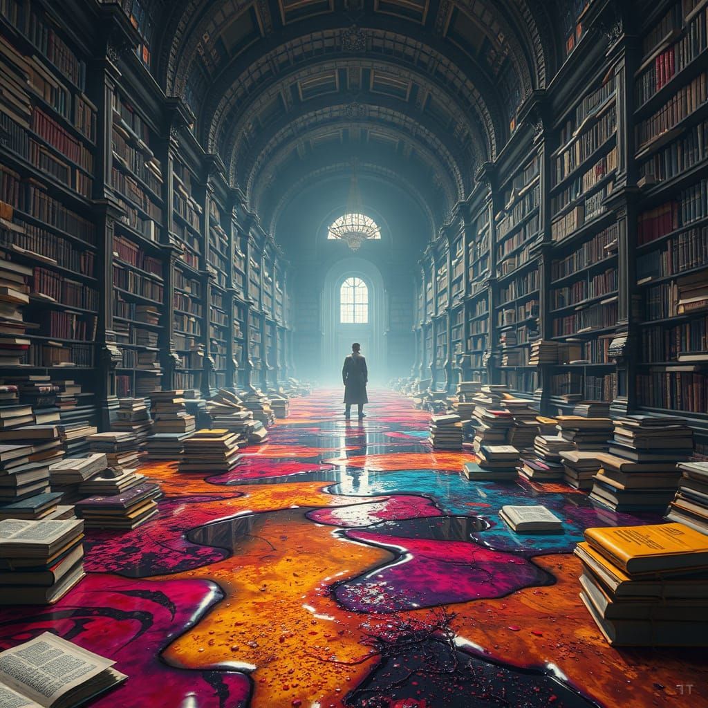 Melting Library: Scholar's Desperate Salvage in Photorealist...