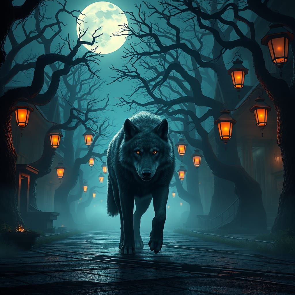 Dire Wolf Striding Down Moonlit Street