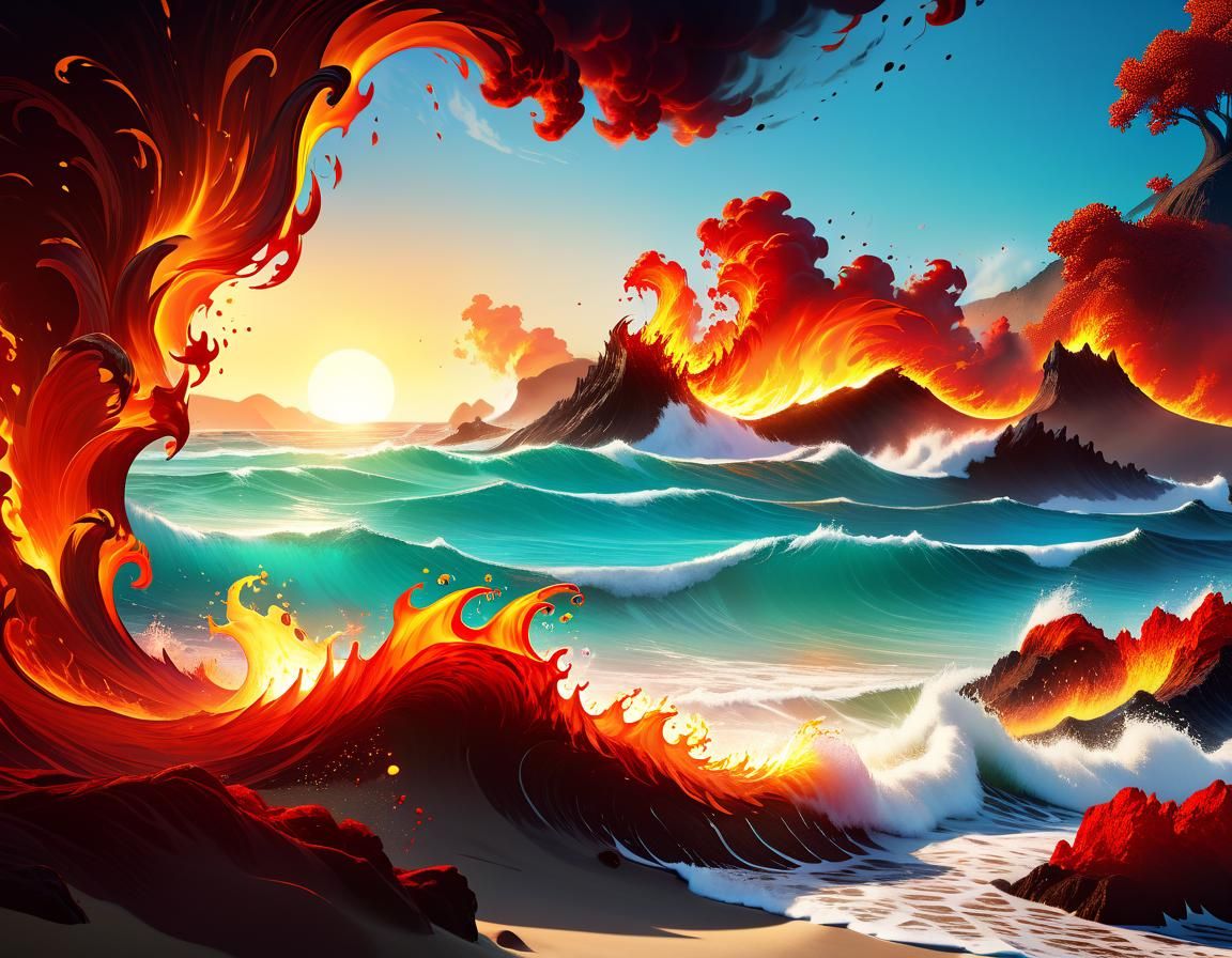 Fiery Beach Waves in Detailed Digital Painting