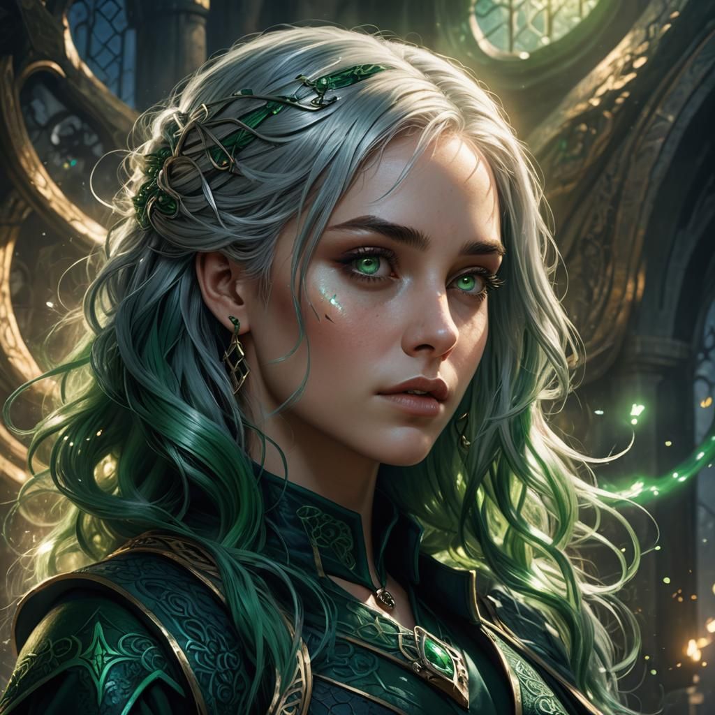 Fantasy Portrait: Slytherin Girl with Silver and Green Hair