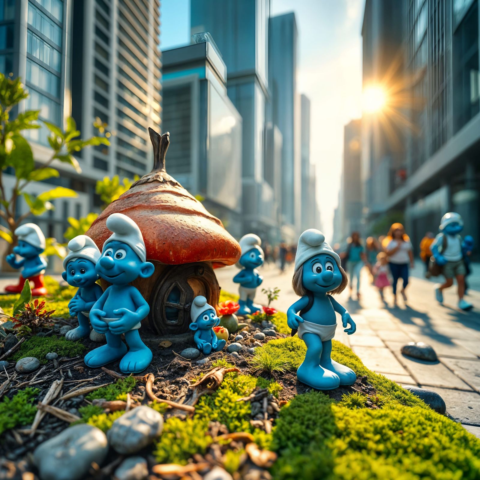 Surreal Cityscape Meets Whimsical Smurf Village in Bright, P...