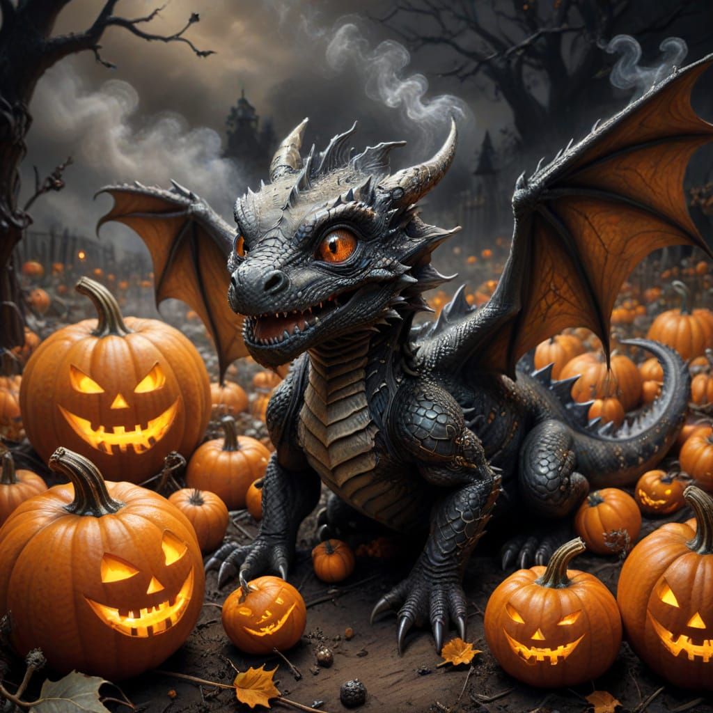 Baby Dragon Emerging from Halloween Pumpkin Patch Charcoal D...