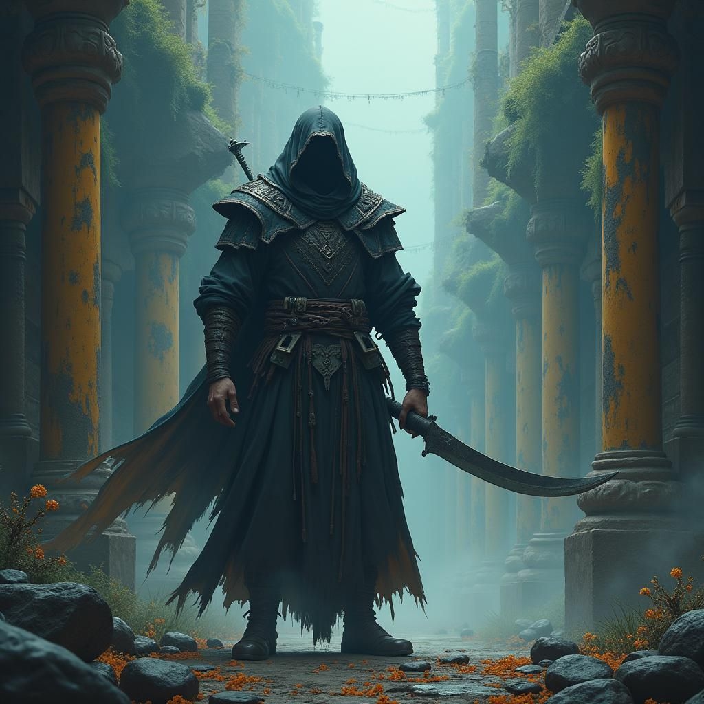 Brooding Warrior in Mystical Realm: Matte Painting