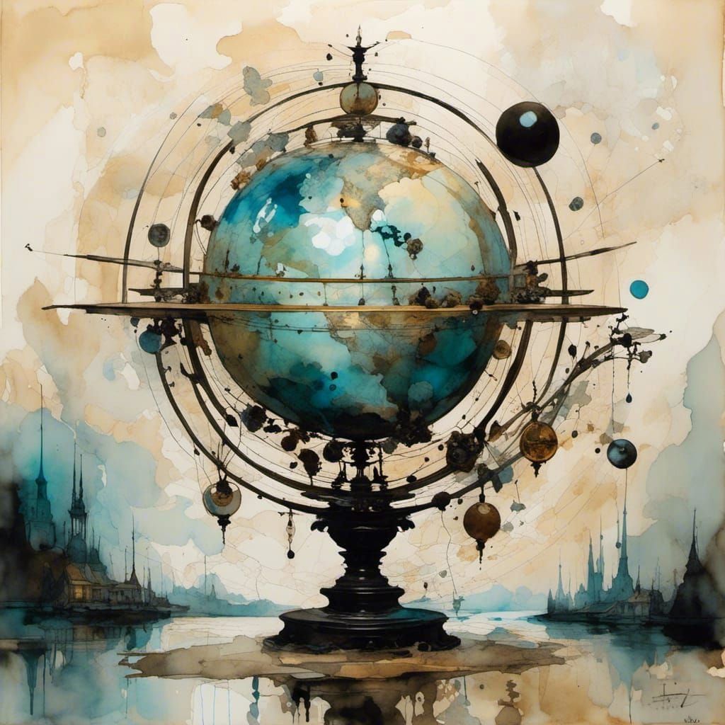 Surreal Orrery in Ether Harbor, Alcohol Ink Art