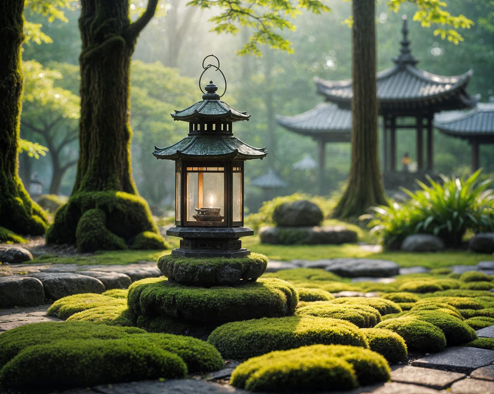 Misty Temple Garden Lantern in Morning Light