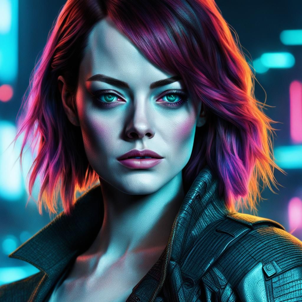Emma Stone in Cyberpunk 2099 Neon Portrait