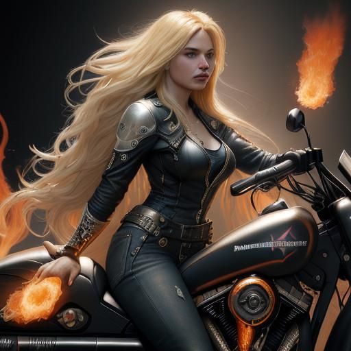 Rocker Chick on Harley Davidson, Hyperdetailed Portrait
