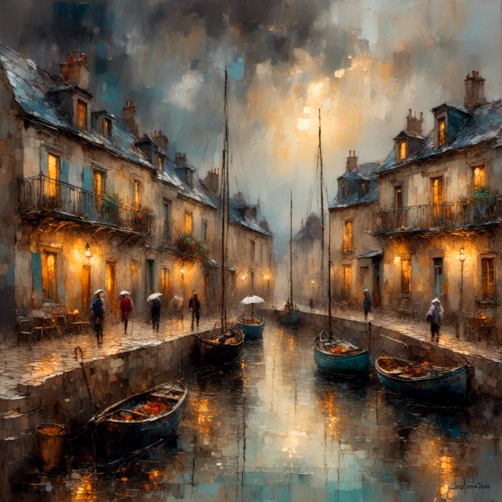 Impressionist Seaside Town in the Rain