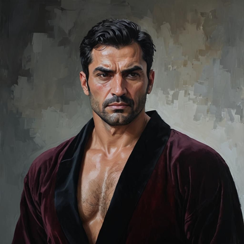 Handsome Hunk in Red Velvet Robe as Impasto Painting