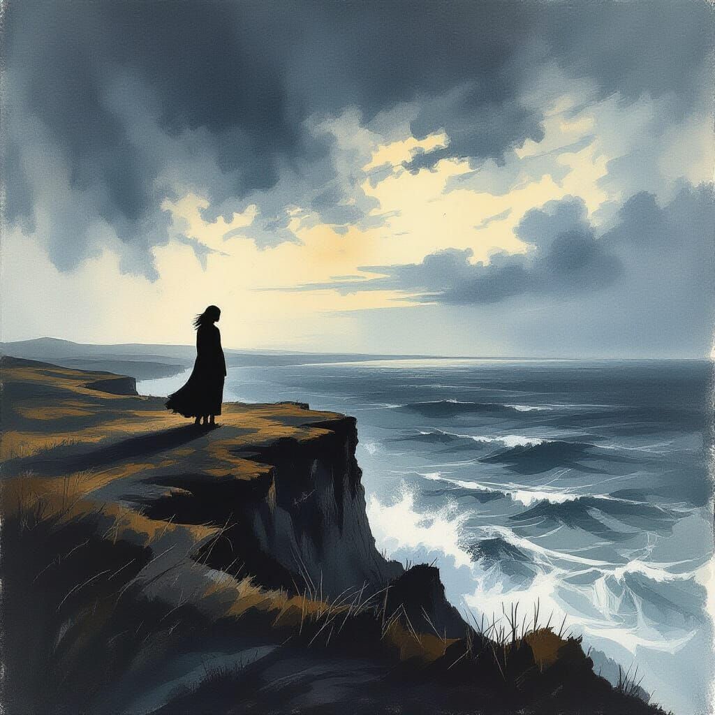 Woman on Windswept Cliff Overlooking Turbulent Sea